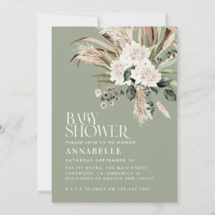 Invitation Baby shower pampas herbe sauge moderne vert