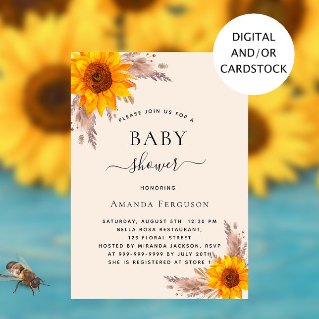 Invitation Baby shower pampas herbe tournesol rousse (Créateur téléchargé)