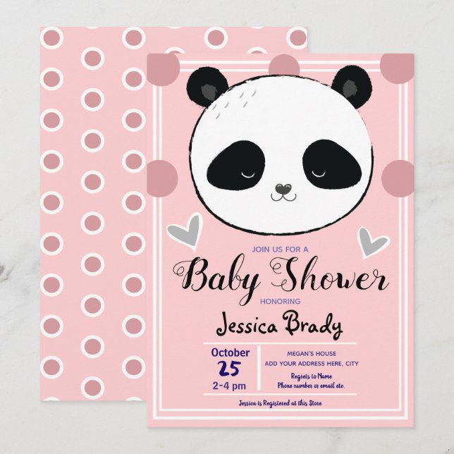 Invitation Baby shower Panda Face et Pois roses (Devant / Derrière)
