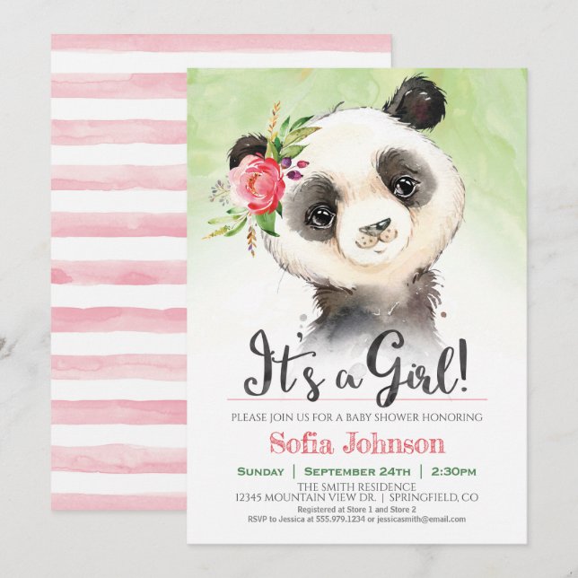 Invitation Baby shower Panda Girl (Devant / Derrière)