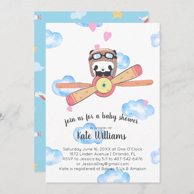 Invitation Baby shower Panda Pilot (Devant / Derrière)