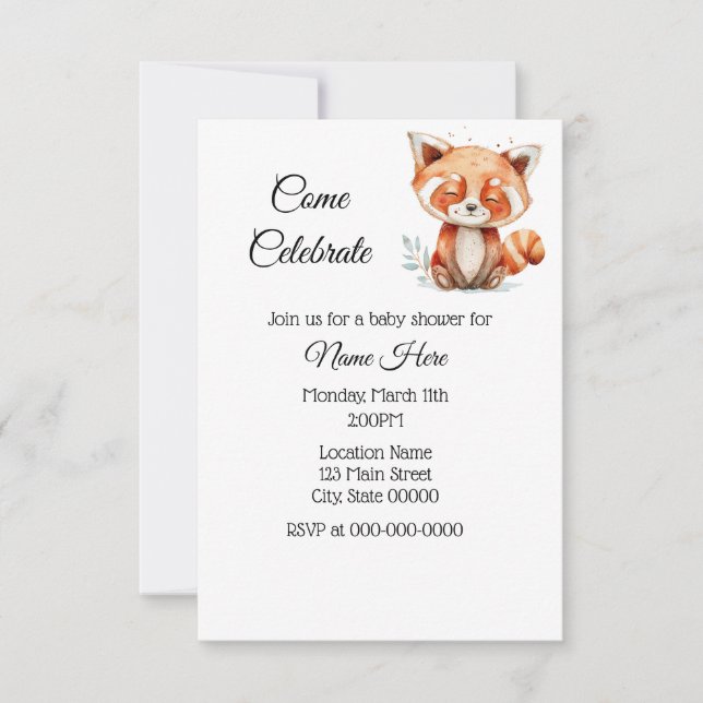 Invitation Baby shower Panda rouge simple aquarelle (Devant)