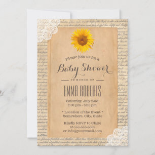 Invitation Baby shower papier vintage Sunflower Old Script