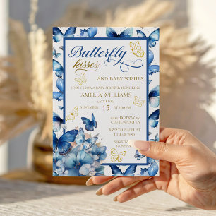 Invitation Baby Shower Papillon Bleu Élégant et Or