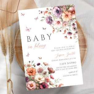 Invitation Baby Shower Papillon Fleur Sauvage Rose Violet