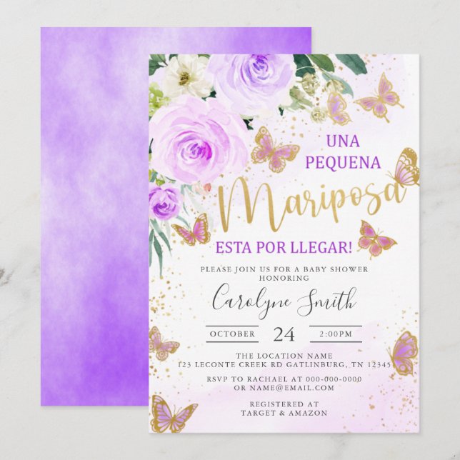 Invitation Baby shower papillon floral lavande en espagnol (Devant / Derrière)