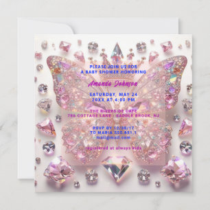 Invitation Baby shower Papillon GirlPink Crystals Diamond