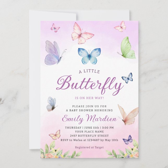 Invitation Baby shower papillon Invitation, Baby shower fille (Devant)