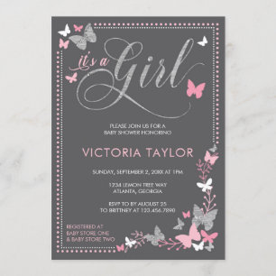 Invitation Baby shower papillon Invitation, rose, gris