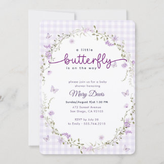 Invitation Baby Shower Papillon Lavande Aquarelle Gingham