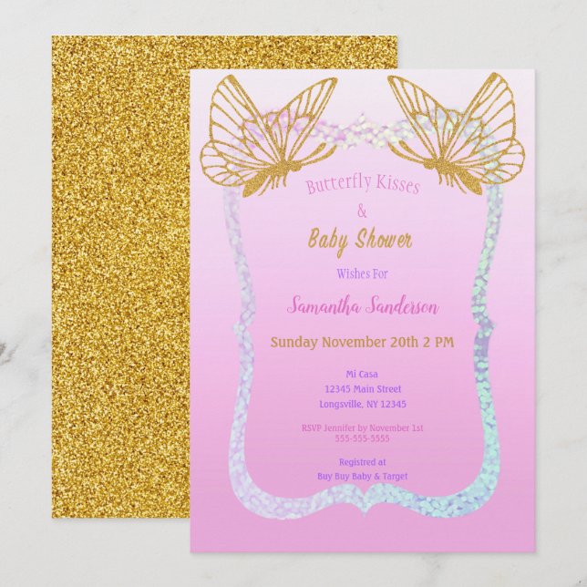 Invitation Baby shower papillon Parties scintillant rose et o (Devant / Derrière)