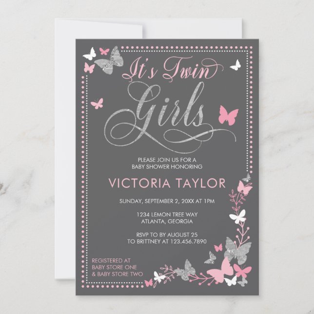 Invitation Baby shower papillon pour jumeaux (Devant)