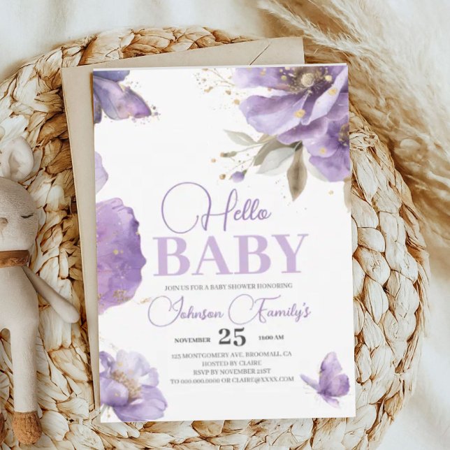 Invitation Baby shower papillon pourpre, fleurs (Créateur téléchargé)