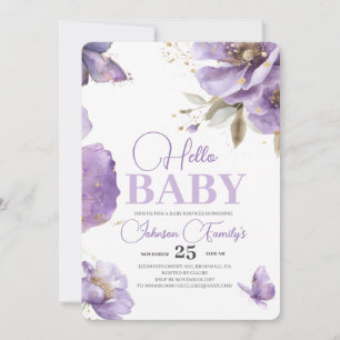 Invitation Baby shower papillon pourpre, fleurs