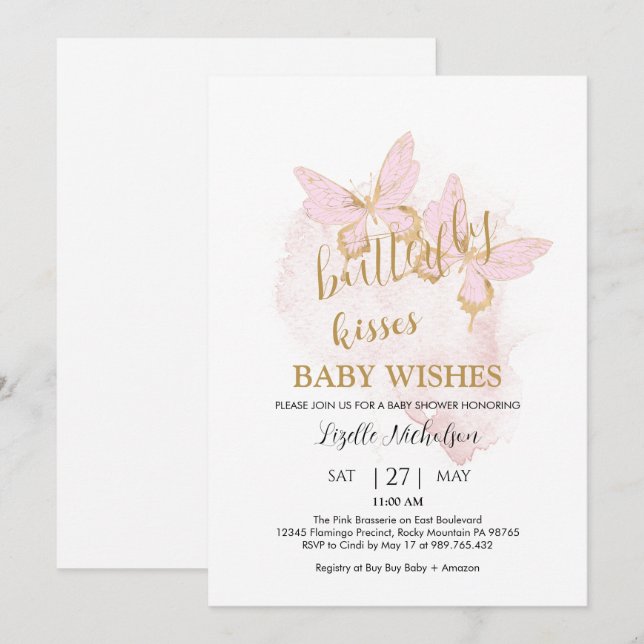 Invitation Baby shower papillon rose (Devant / Derrière)