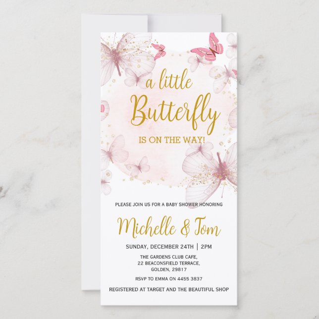 Invitation Baby shower papillon rose (Devant)