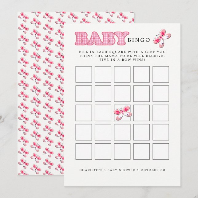 Invitation baby shower Papillon rose bébé fille Bingo Card (Devant / Derrière)