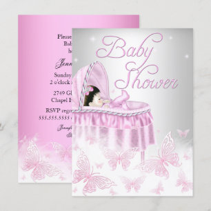 Invitation Baby shower papillon rose et argenté