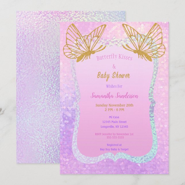 Invitation Baby shower papillon Rose et Gold Butterfly Kiss (Devant / Derrière)