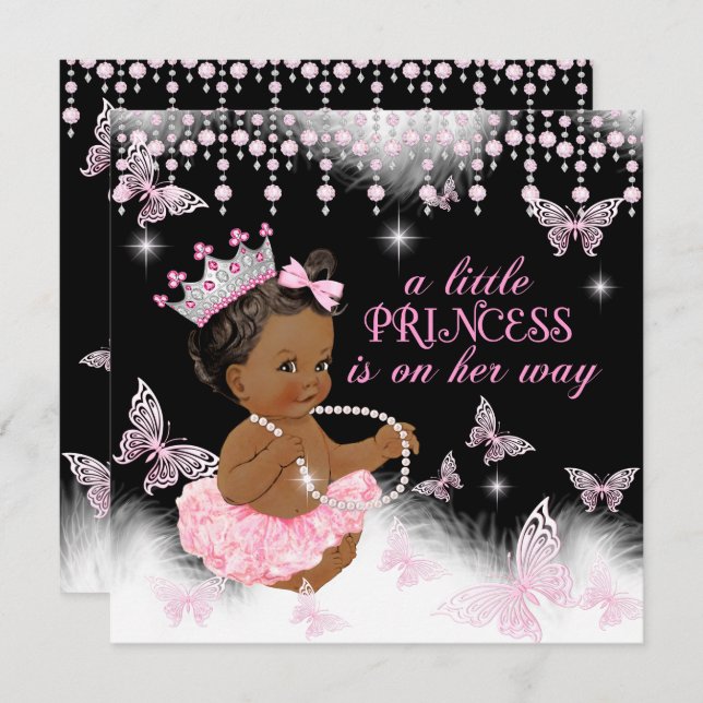 Invitation Baby shower papillon rose Princess Ethnic (Devant / Derrière)