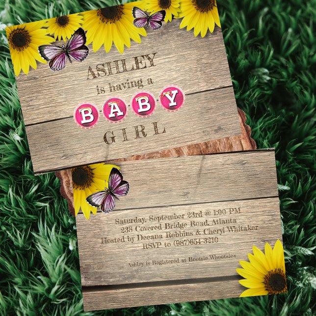 Invitation Baby shower papillon rose tournesol rustique | Fil (Créateur téléchargé)
