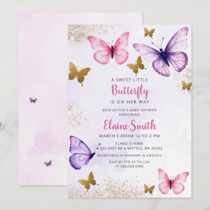 Invitation Baby Shower Papillon Rose Violet 
