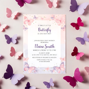 Invitation Baby Shower Papillon Rose Violet 