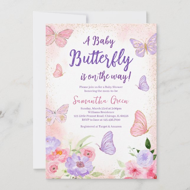 Invitation Baby shower papillon rose violet (Devant)