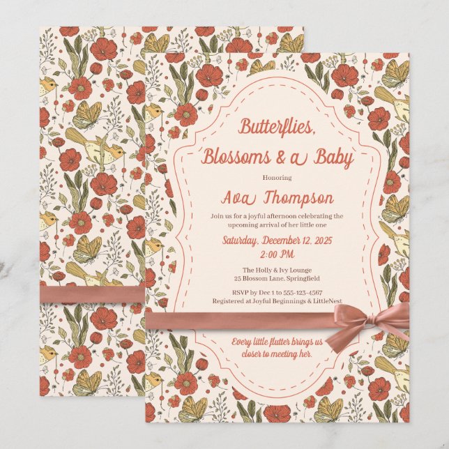 Invitation Baby shower | Papillons et fleurs poétiques Floral (Devant / Derrière)
