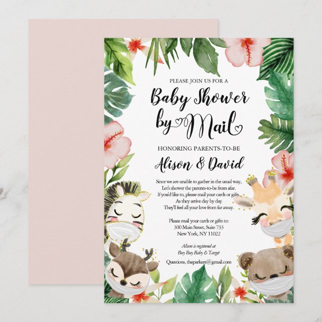 Invitation Baby shower par courrier | Amis Safari masqués mig (Devant / Derrière)