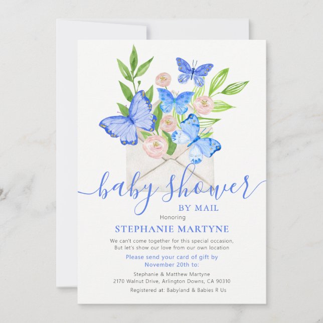 Invitation Baby shower par courrier Papillon Enveloppe Bleu (Devant)