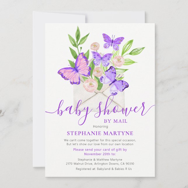 Invitation Baby shower Par Enveloppe Papillon Courrier Purple (Devant)