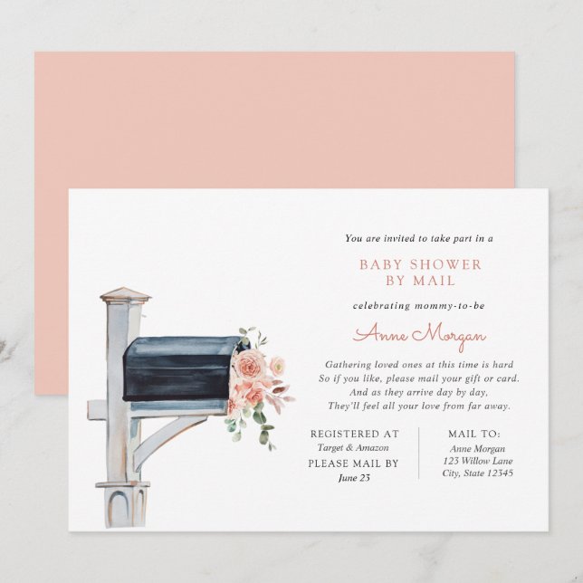 Invitation Baby shower par Fleurs rose courrier dans la boîte (Devant / Derrière)