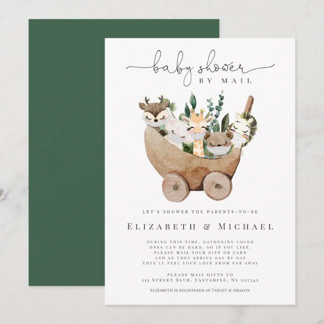 Invitation Baby shower Par Mail Animals Green Boho  (Devant / Derrière)