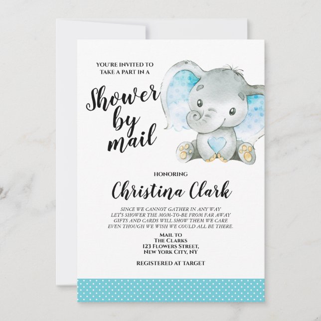 Invitation Baby shower par Mail Boy Elephant Blue (Devant)