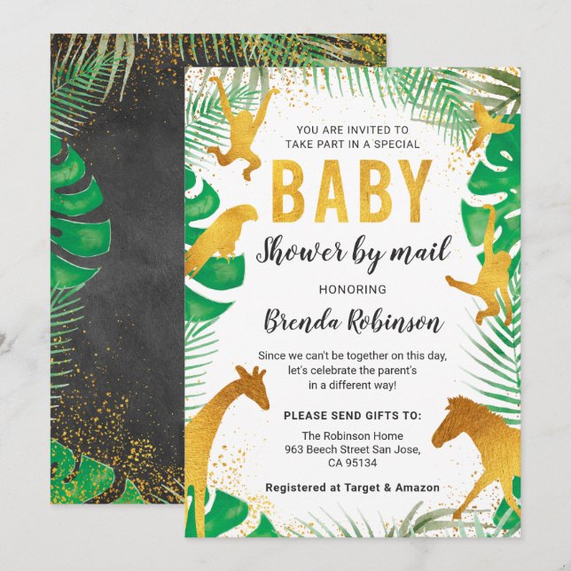 Invitation Baby shower Par Mail Boy Gold Jungle Animaux Safar (Devant / Derrière)