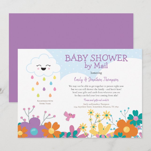 Invitation Baby shower Par Mail Cloud Raindrops Florals (Devant / Derrière)
