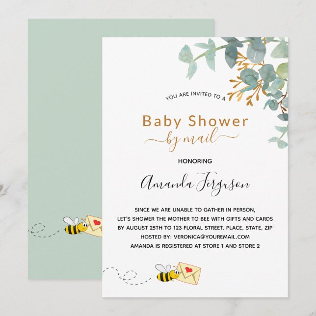 Invitation Baby shower par mail eucalyptus vert maman à abeil (Devant / Derrière)