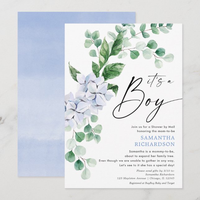 Invitation Baby shower par Mail printemps fleuri bleu vert (Devant / Derrière)