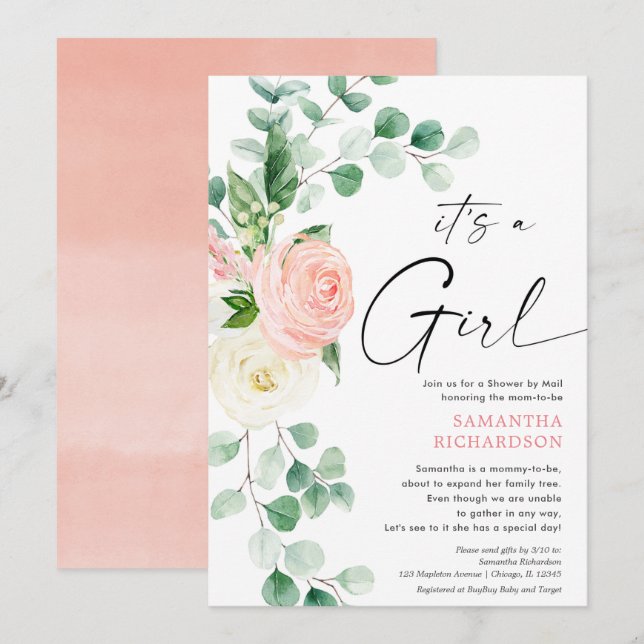 Invitation Baby shower par Mail printemps fleuri rose verdure (Devant / Derrière)