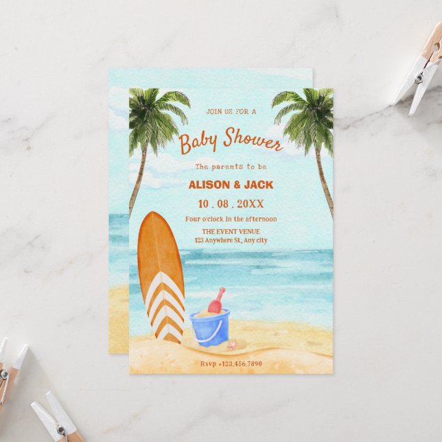 Invitation Baby shower paradisiaque de plage de aquarelle (Devant/Arrière en situation)