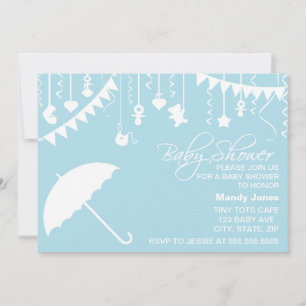 Invitation baby shower parapluie bleu pastel