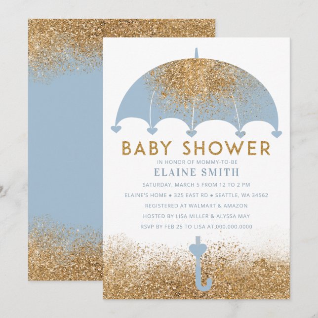 Invitation Baby shower parapluie de Parties scintillant bleu  (Devant / Derrière)