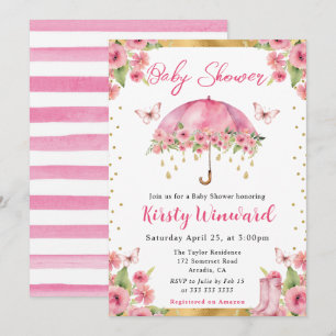 Invitation Baby shower parapluie de printemps Aquarelle rose 