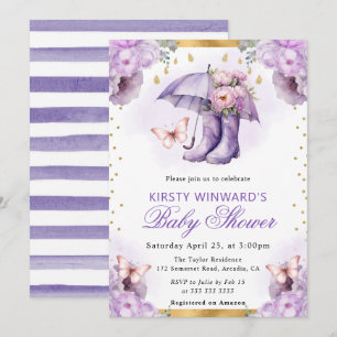 Invitation Baby shower parapluie de printemps violet et or