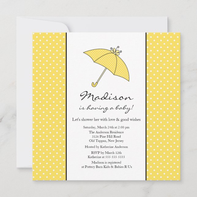 Invitation Baby shower-parapluie des Pois jaunes (Devant)