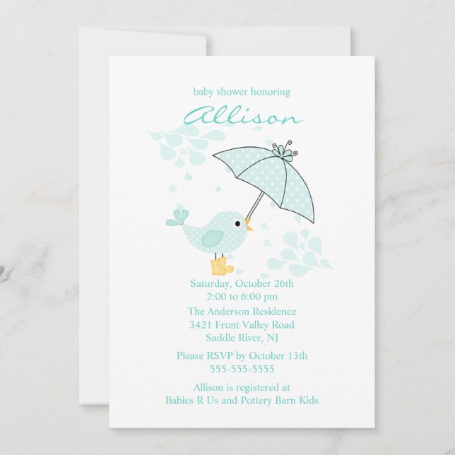 Invitation Baby shower parapluie et oiseaux bleus (Devant)