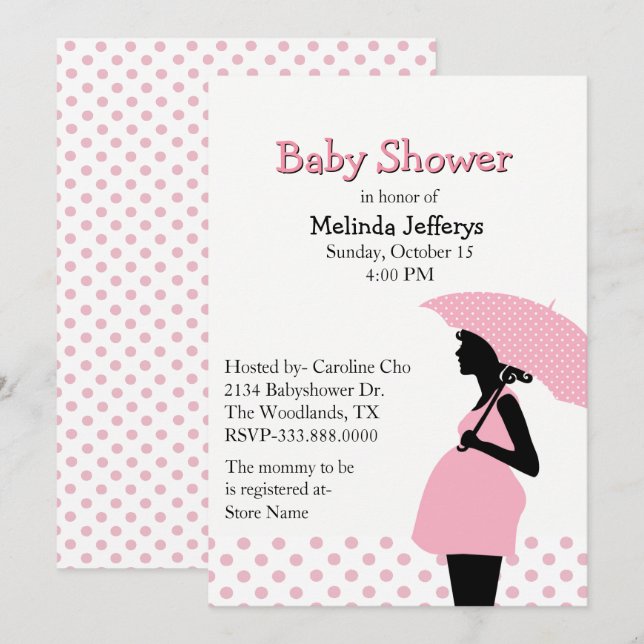 Invitation Baby shower-parapluie Pink Poka Dot (Devant / Derrière)