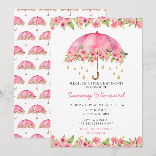 Invitation Baby shower parapluie rose (Devant / Derrière)