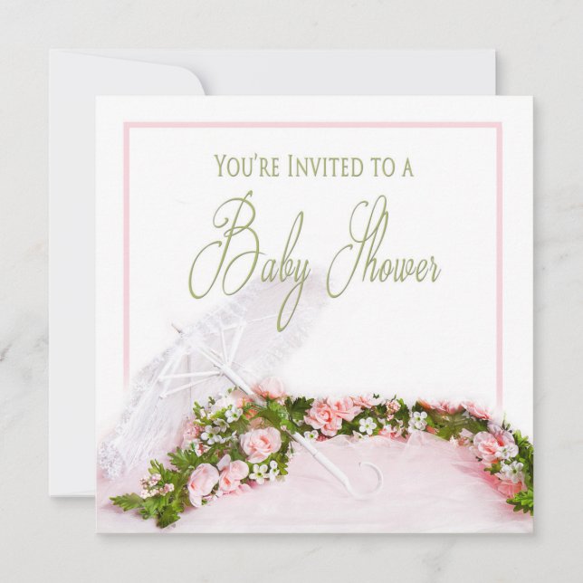 Invitation baby shower-Parasol blanc-Rose Garland (Devant)